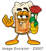#23007 Clip Art Graphic Of A Frothy Mug Of Beer Or Soda Cartoon Character Holding A Red Rose On Valentines Day