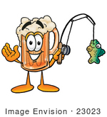 #23023 Clip Art Graphic Of A Frothy Mug Of Beer Or Soda Cartoon Character Holding A Fish On A Fishing Pole