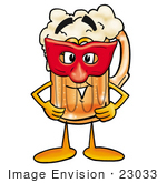 #23033 Clip Art Graphic Of A Frothy Mug Of Beer Or Soda Cartoon Character Wearing A Red Mask Over His Face