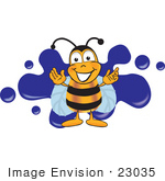 #23035 Clip Art Graphic Of A Honey Bee Cartoon Character Logo With Blue Paint Splatter