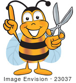 #23037 Clip Art Graphic Of A Honey Bee Cartoon Character Holding A Pair Of Scissors