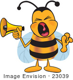 #23039 Clip Art Graphic Of A Honey Bee Cartoon Character Screaming Into A Megaphone