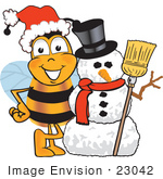 #23042 Clip Art Graphic Of A Honey Bee Cartoon Character With A Snowman On Christmas