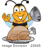 #23045 Clip Art Graphic Of A Honey Bee Cartoon Character Serving A Thanksgiving Turkey On A Platter