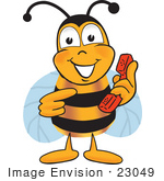 #23049 Clip Art Graphic Of A Honey Bee Cartoon Character Holding A Telephone