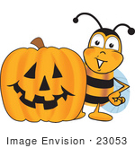 #23053 Clip Art Graphic Of A Honey Bee Cartoon Character With A Carved Halloween Pumpkin