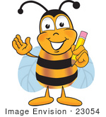 #23054 Clip Art Graphic Of A Honey Bee Cartoon Character Holding A Pencil