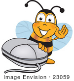 #23059 Clip Art Graphic Of A Honey Bee Cartoon Character With A Computer Mouse