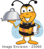 #23060 Clip Art Graphic Of A Honey Bee Cartoon Character Dressed As A Waiter And Holding A Serving Platter