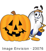 #23076 Clip Art Graphic Of A Dirigible Blimp Airship Cartoon Character With A Carved Halloween Pumpkin