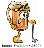 #23094 Clip Art Graphic Of A Frothy Mug Of Beer Or Soda Cartoon Character Leaning On A Golf Club While Golfing