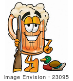 #23095 Clip Art Graphic Of A Frothy Mug Of Beer Or Soda Cartoon Character Duck Hunting Standing With A Rifle And Duck