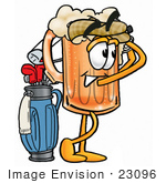 #23096 Clip Art Graphic Of A Frothy Mug Of Beer Or Soda Cartoon Character Swinging His Golf Club While Golfing