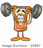 #23097 Clip Art Graphic Of A Frothy Mug Of Beer Or Soda Cartoon Character Holding A Heavy Barbell Above His Head