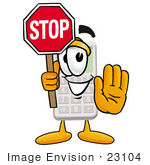 #23104 Clip Art Graphic Of A Calculator Cartoon Character Holding A Stop Sign