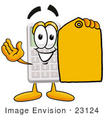 #23124 Clip Art Graphic Of A Calculator Cartoon Character Holding A Yellow Sales Price Tag