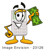 #23126 Clip Art Graphic Of A Calculator Cartoon Character Holding A Dollar Bill