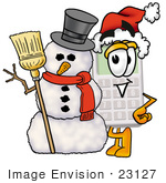 #23127 Clip Art Graphic Of A Calculator Cartoon Character With A Snowman On Christmas
