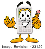 #23129 Clip Art Graphic Of A Calculator Cartoon Character Holding A Pencil