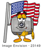 #23149 Clip Art Graphic Of A Flash Camera Cartoon Character Pledging Allegiance To An American Flag