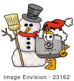 #23162 Clip Art Graphic Of A Flash Camera Cartoon Character With A Snowman On Christmas