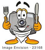 #23168 Clip Art Graphic Of A Flash Camera Cartoon Character Holding A Knife And Fork