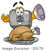 #23170 Clip Art Graphic Of A Flash Camera Cartoon Character Serving A Thanksgiving Turkey On A Platter