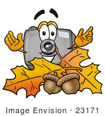#23171 Clip Art Graphic Of A Flash Camera Cartoon Character With Autumn Leaves And Acorns In The Fall