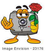 #23176 Clip Art Graphic Of A Flash Camera Cartoon Character Holding A Red Rose On Valentines Day