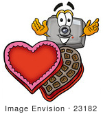 #23182 Clip Art Graphic Of A Flash Camera Cartoon Character With An Open Box Of Valentines Day Chocolate Candies