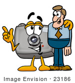 #23186 Clip Art Graphic Of A Flash Camera Cartoon Character Talking To A Business Man