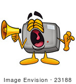 #23188 Clip Art Graphic Of A Flash Camera Cartoon Character Screaming Into A Megaphone