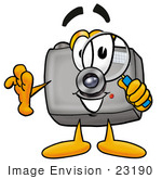 #23190 Clip Art Graphic Of A Flash Camera Cartoon Character Looking Through A Magnifying Glass