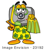 #23192 Clip Art Graphic Of A Flash Camera Cartoon Character In Green And Yellow Snorkel Gear