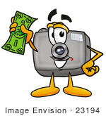 #23194 Clip Art Graphic Of A Flash Camera Cartoon Character Holding A Dollar Bill