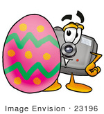 #23196 Clip Art Graphic Of A Flash Camera Cartoon Character Standing Beside An Easter Egg