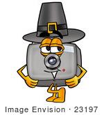 #23197 Clip Art Graphic Of A Flash Camera Cartoon Character Wearing A Pilgrim Hat On Thanksgiving