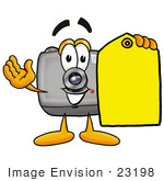 #23198 Clip Art Graphic Of A Flash Camera Cartoon Character Holding A Yellow Sales Price Tag