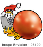 #23199 Clip Art Graphic Of A Flash Camera Cartoon Character Wearing A Santa Hat Standing With A Christmas Bauble