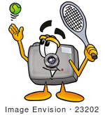 #23202 Clip Art Graphic Of A Flash Camera Cartoon Character Preparing To Hit A Tennis Ball