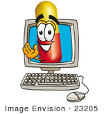 #23205 Clip Art Graphic Of A Red And Yellow Pill Capsule Cartoon Character Waving From Inside A Computer Screen