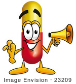 #23209 Clip Art Graphic Of A Red And Yellow Pill Capsule Cartoon Character Holding A Megaphone