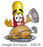 #23210 Clip Art Graphic Of A Red And Yellow Pill Capsule Cartoon Character Serving A Thanksgiving Turkey On A Platter