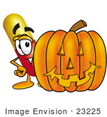 #23225 Clip Art Graphic Of A Red And Yellow Pill Capsule Cartoon Character With A Carved Halloween Pumpkin