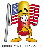 #23229 Clip Art Graphic Of A Red And Yellow Pill Capsule Cartoon Character Pledging Allegiance To An American Flag