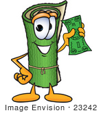 #23242 Clip Art Graphic Of A Rolled Green Carpet Cartoon Character Holding A Dollar Bill