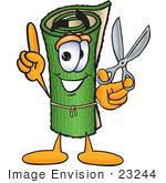 #23244 Clip Art Graphic Of A Rolled Green Carpet Cartoon Character Holding A Pair Of Scissors