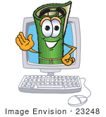 #23248 Clip Art Graphic Of A Rolled Green Carpet Cartoon Character Waving From Inside A Computer Screen