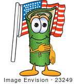 #23249 Clip Art Graphic Of A Rolled Green Carpet Cartoon Character Pledging Allegiance To An American Flag
