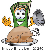 #23250 Clip Art Graphic Of A Rolled Green Carpet Cartoon Character Serving A Thanksgiving Turkey On A Platter